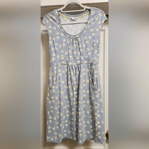BODEN Light Blue Knit Dress Yellow & White Birds Stretchy Cap Sleeves Sz 10R EUC